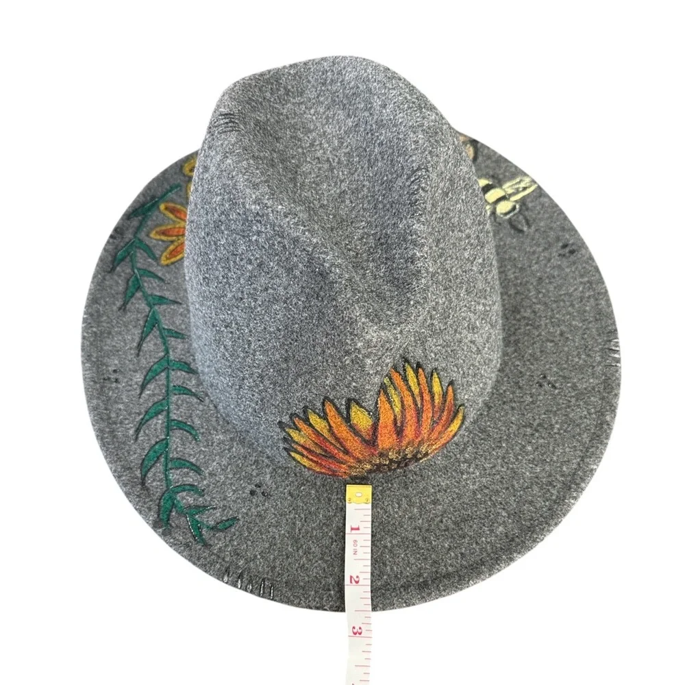 Hand-Painted Wool Fedora Hat | Floral & Bee Design | Artist Signed | NWOT